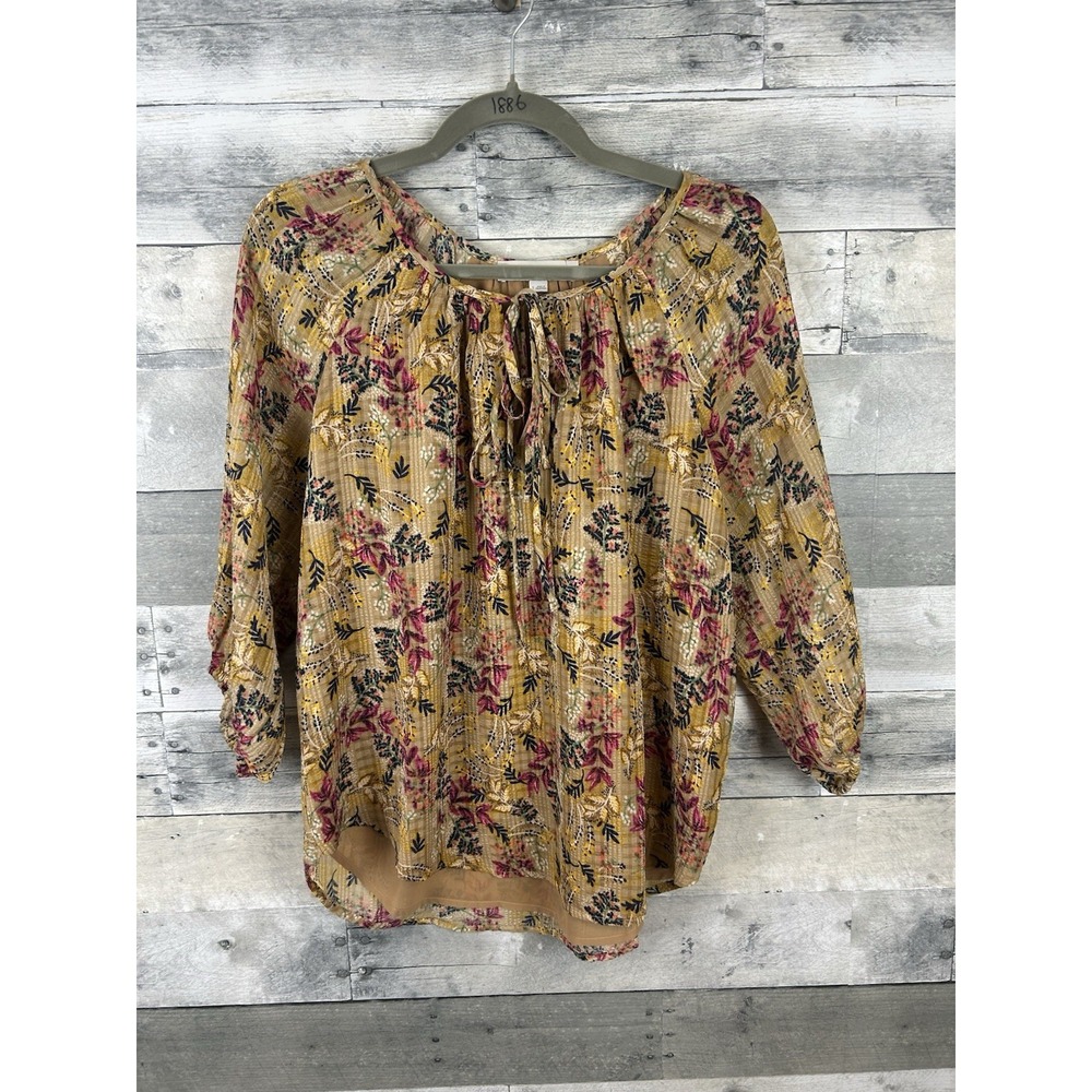 Loft Women's Small Gold Floral Long Sleeve Blouse